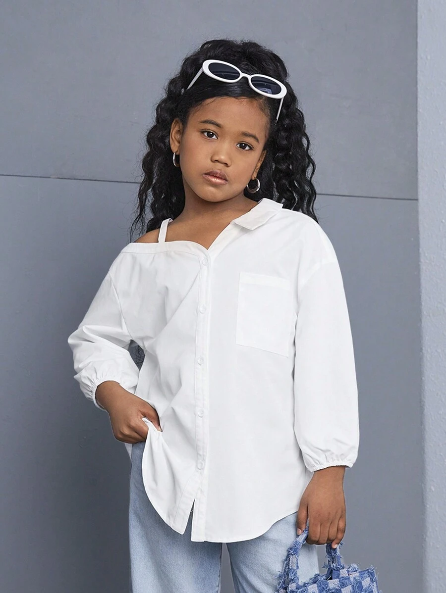 SHEIN Camisa informal holgada de unicolor con un solo hombro asimétrico y tirante frío de manga larga para niñas preadolescentes