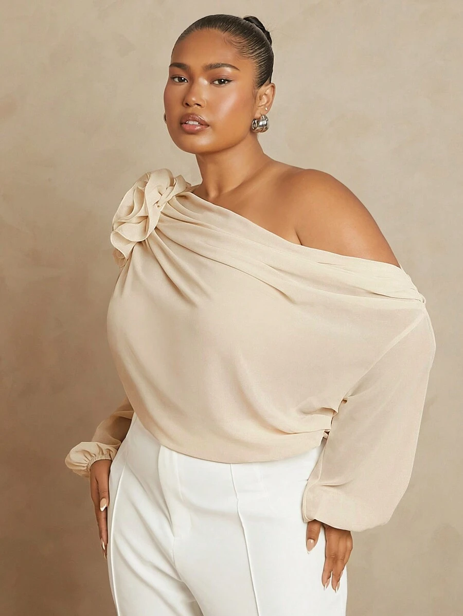 L'Amorae Plus Asymmetric Off Shoulder Shirt With 3D Flower