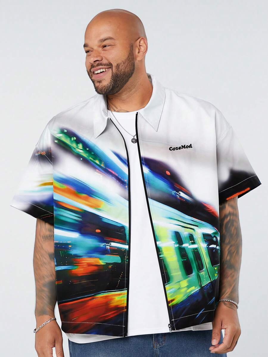 Manfinity NXTstreet Manfinity CozeMod Men's Plus Size Loose Fit Drop-Shoulder Spread Collar Short Sleeve Shirt With Jacquard Racing Train Pattern, Suitable For Summer,Vintage Shirts