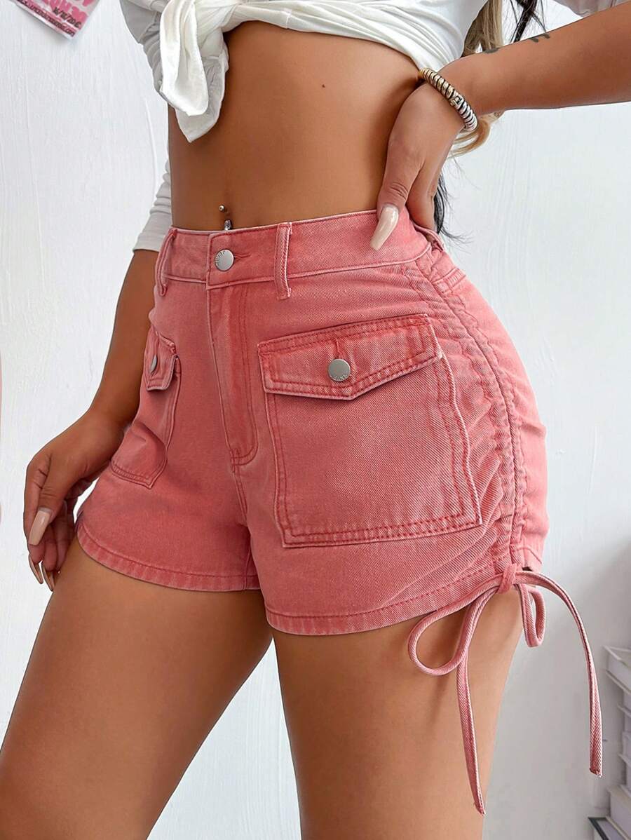 SHEIN SXY Drawstring Side Flap Pocket Denim Shorts