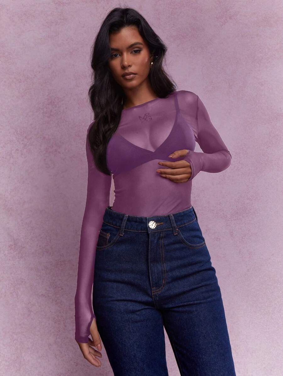 MISSGUIDED Y2K Futuristic Sheer Long Sleeve Thumb Hole Fitted Top