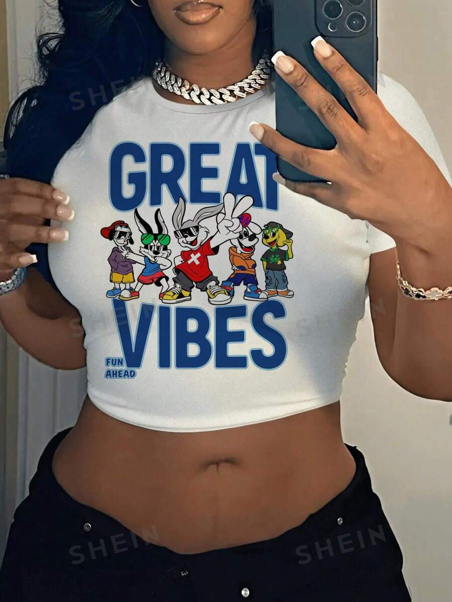 Slaydiva Camiseta corta de cuello redondo de manga corta con gráfico minimalista casual de animal de dibujos animados y letra "Great Vibes", adecuada para mujer en verano