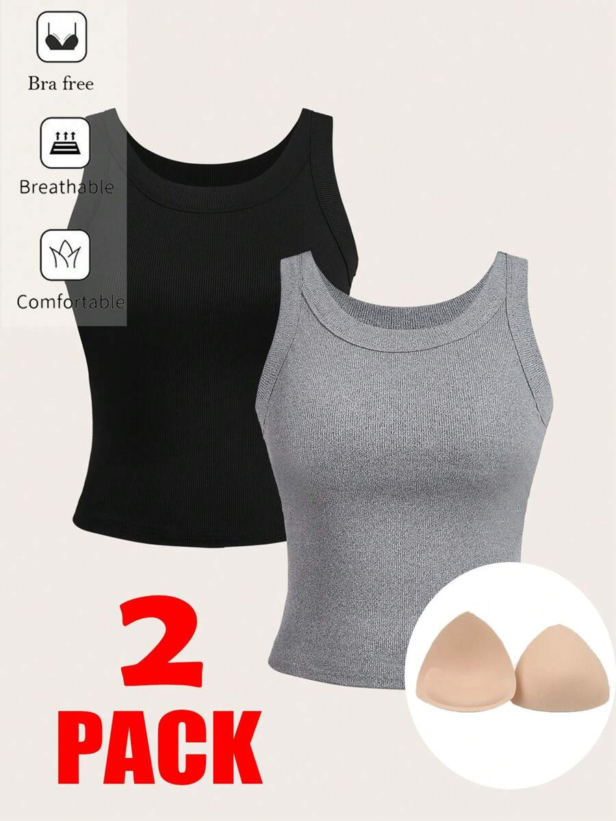 SHEIN Essnce Women's 2pcs Value Pack Ribbed Thickened Bra Camisole Sleeveless Top, Wear As Inner Or Outerwear Solid Color Posture Correcting Camisole