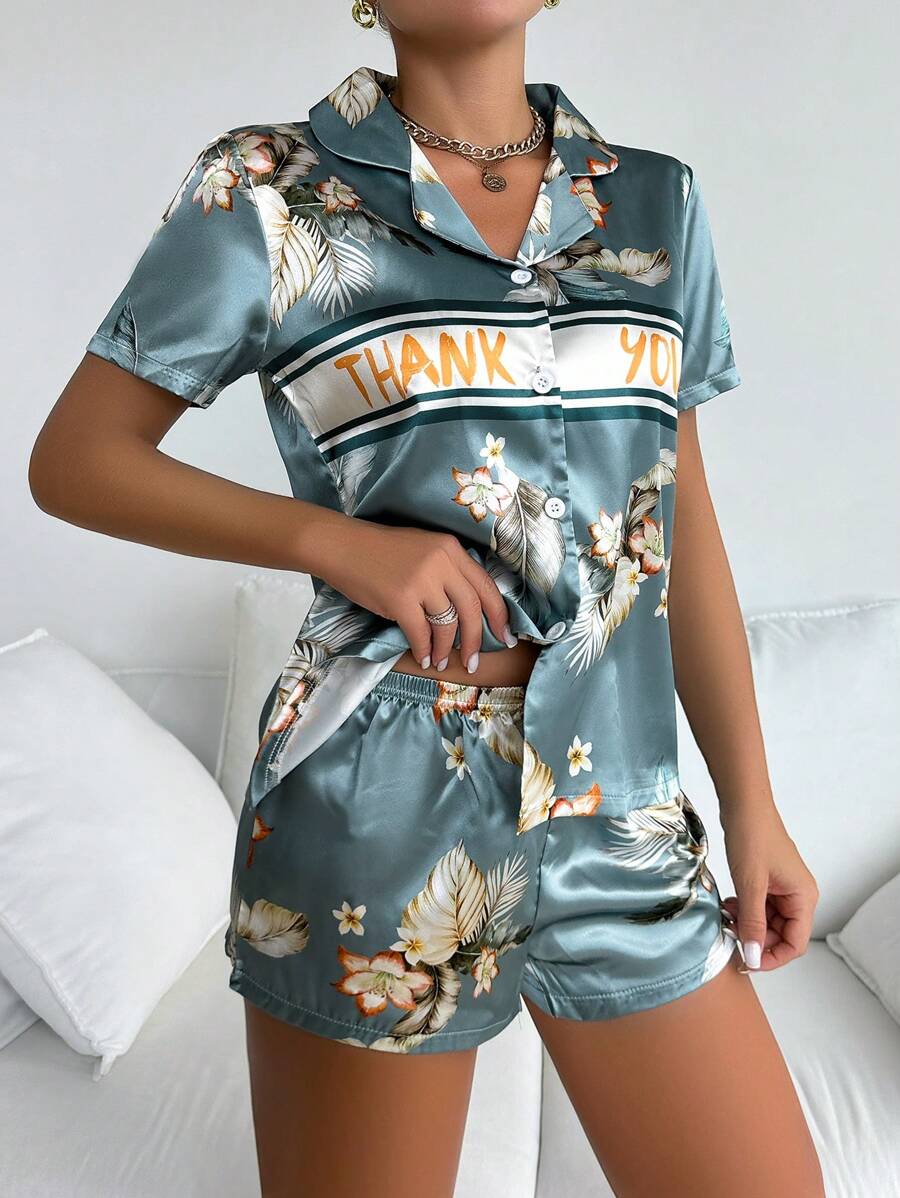 Women's Short Sleeve & Shorts Pajama Set With Floral Print & Letter Design, Made Of Simulated Silk