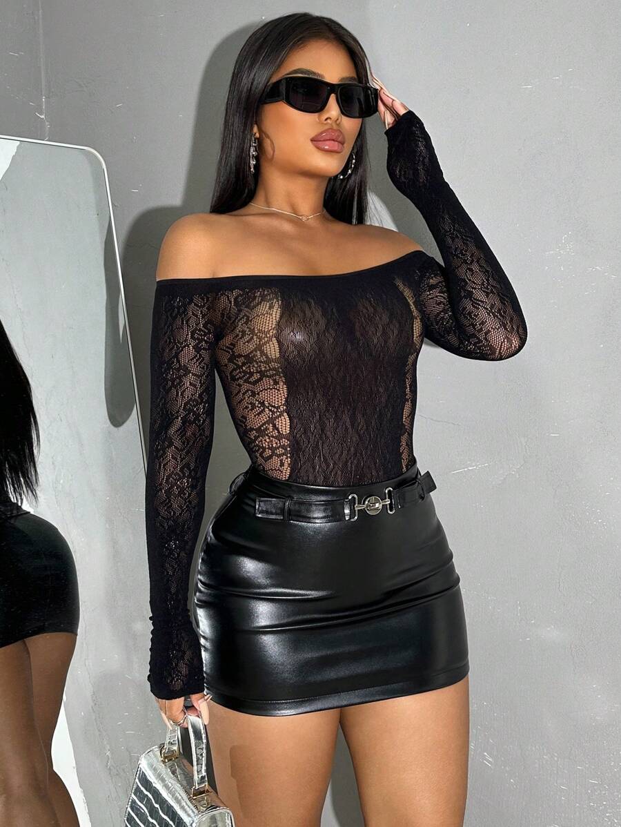 VaVaBold Fashionable And Sexy Off Shoulder Long Sleeve Sheer Bodysuit In Solid Color