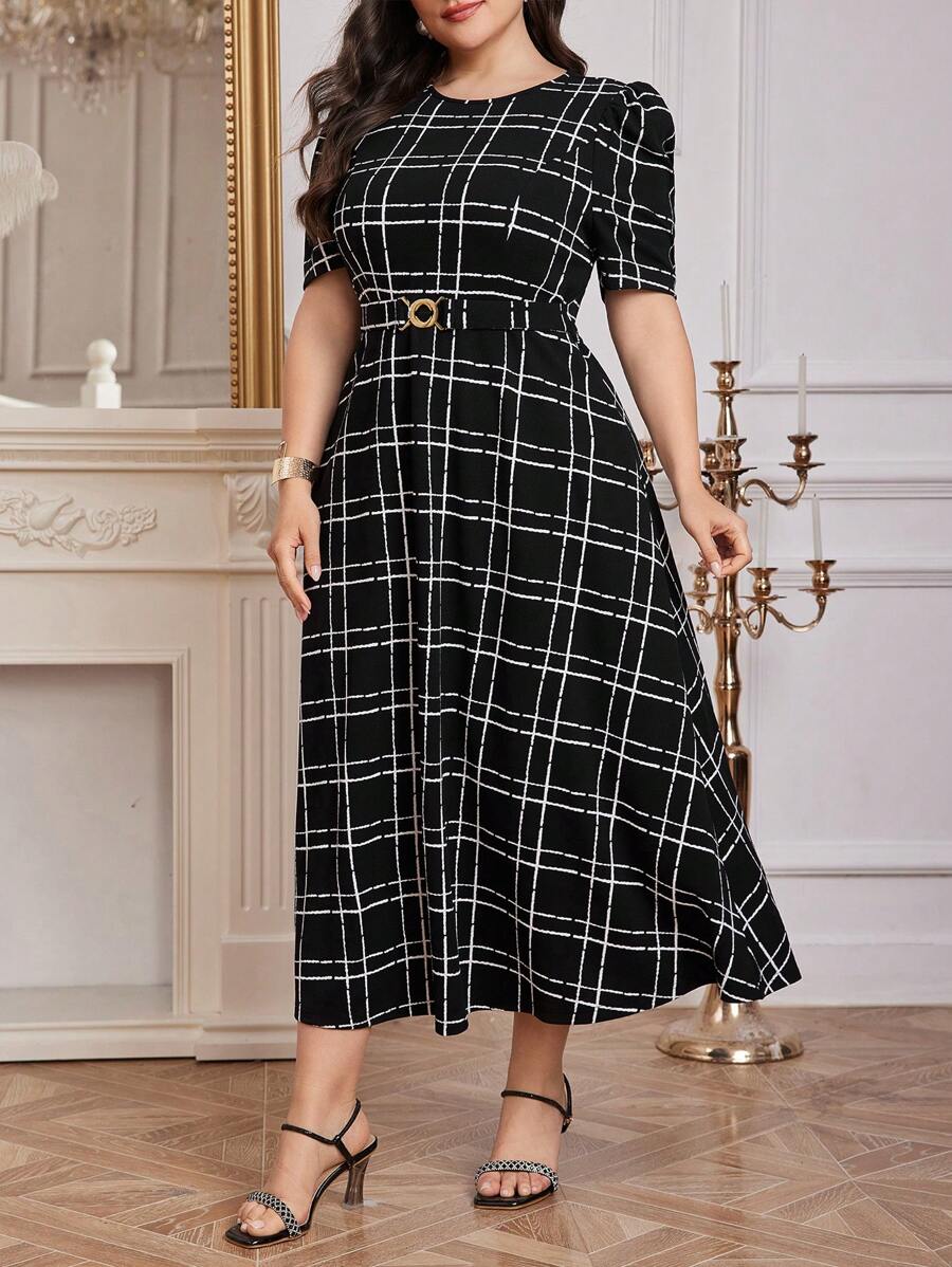 Modelyn Women Belted Black And White Grid Plus Size Dress Long Dress, For Summer