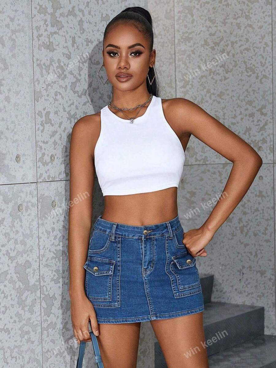 Jupe en jean pour femme avec poches, style casual et polyvalent, anti-transparence