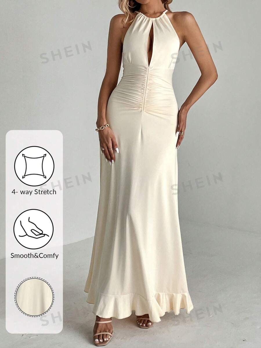 SHEIN Tall Vestido ajustado para el Día de San Valentín para mujeres con detalle de volantes en la cintura, dobladillo con volantes y longitud larga, perfecto para una cita