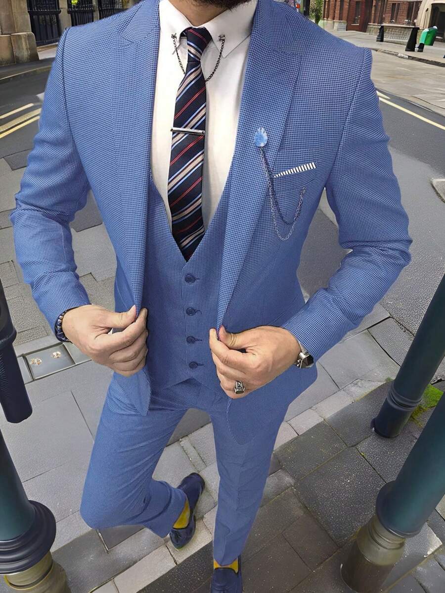 Manfinity Mode Men Single Button Blazer & Suit Pants, Men Suits Slim Fit, Baby Blue Men Outfit, Men Outerwear Co Ords