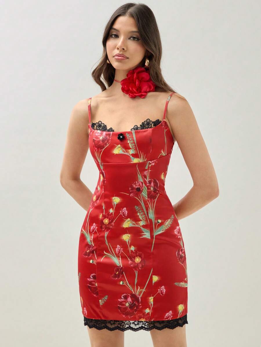 COSMINA Women's Floral Printed Splicing Lace Trimmed Cami Dress