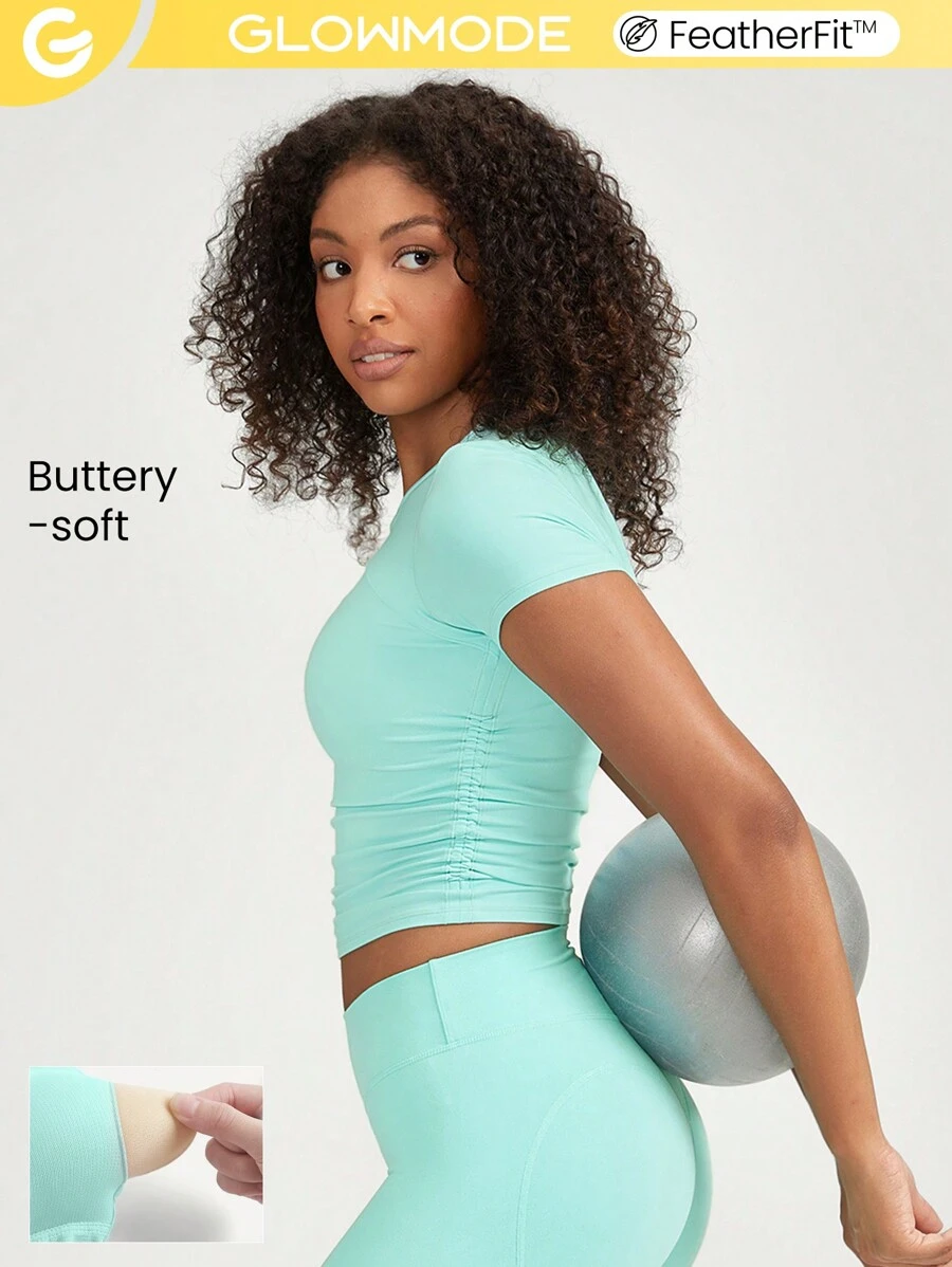 GLOWMODE FeatherFit™ Focus Drawstring Pleated Short Sleeve Tee Light Support Low Impact Yoga Studio Gym