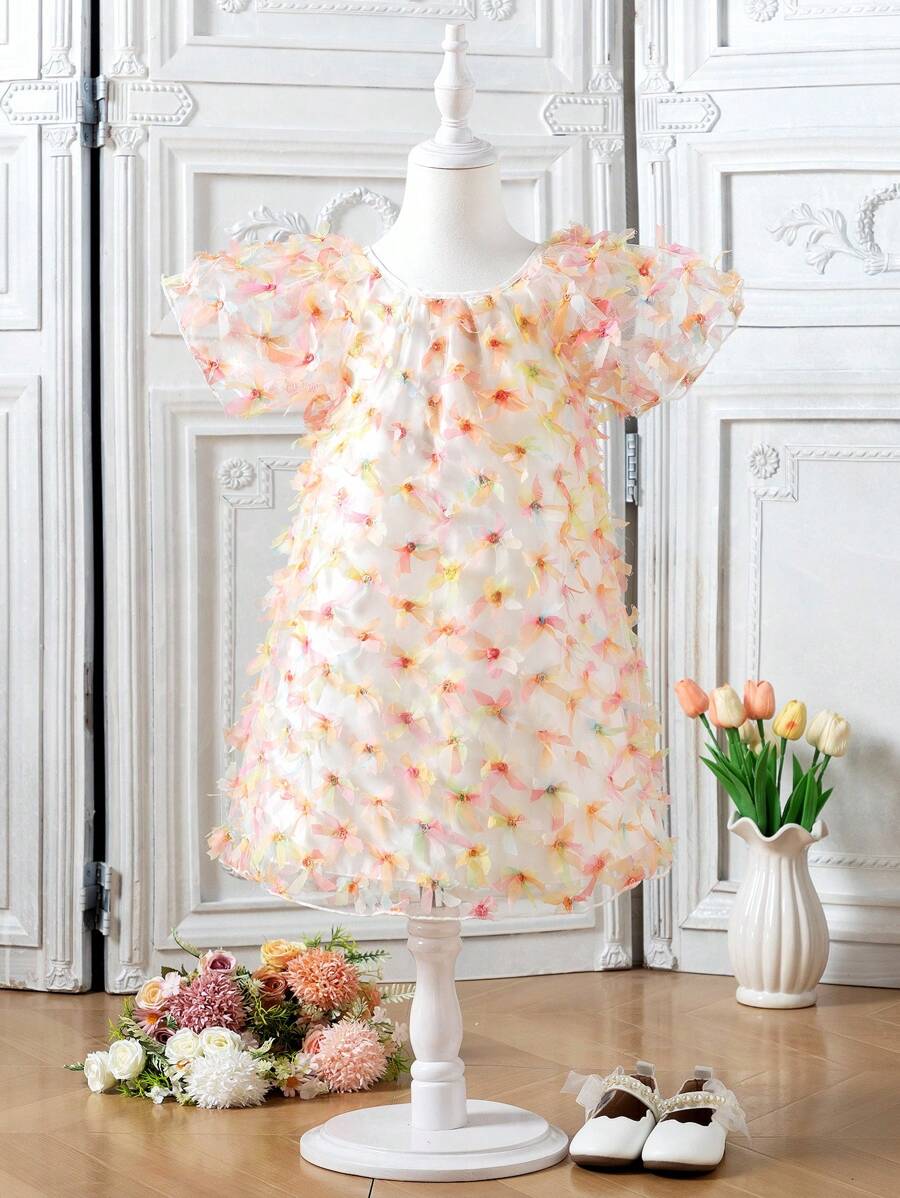 Vestido de Manga Curta com Decote Redondo, Aplicação e Contraste de Tule para Meninas, Ideal para o Verão