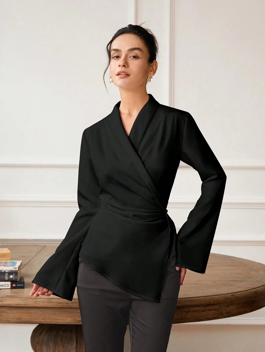 Blusa de manga larga con cuello en V y fruncido en la cintura para mujer, elegante y encantadora, ideal para verano