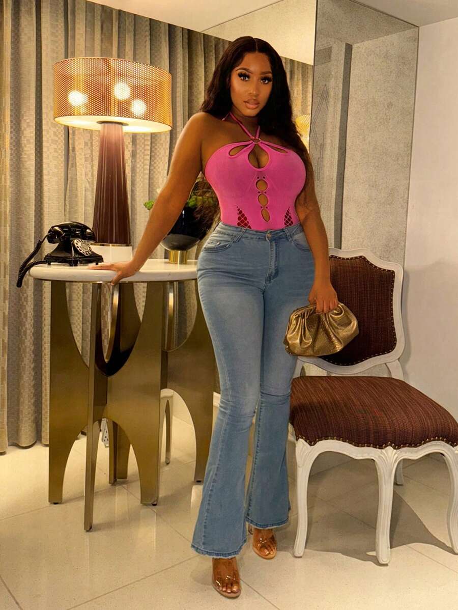 VaVaBold BAE Pink High Elasticity Tight Mesh See-Through Sexy Nightclub Party Bodysuit, Lace & See-Through Cutouts