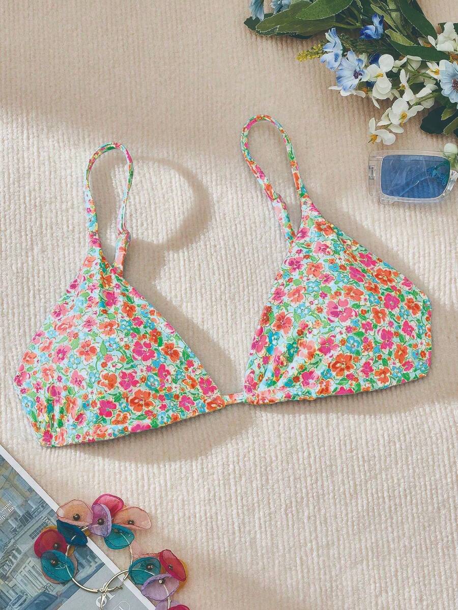 SHEIN Swim Women's Summer Beach Floral Printed Sexy Bikini Top