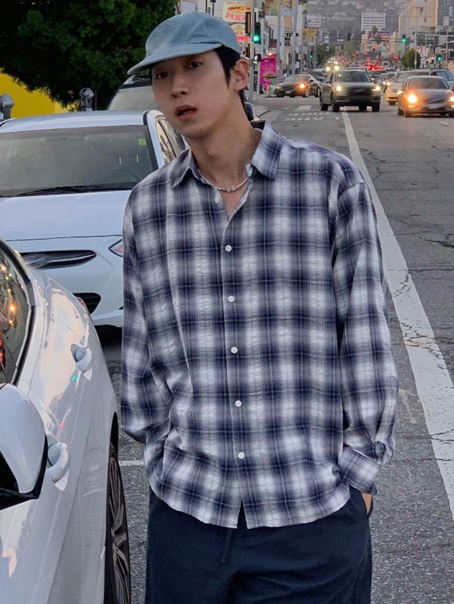 DAZY Men's Loose Casual Plaid Long Sleeve Shirt, Spring And Autumn