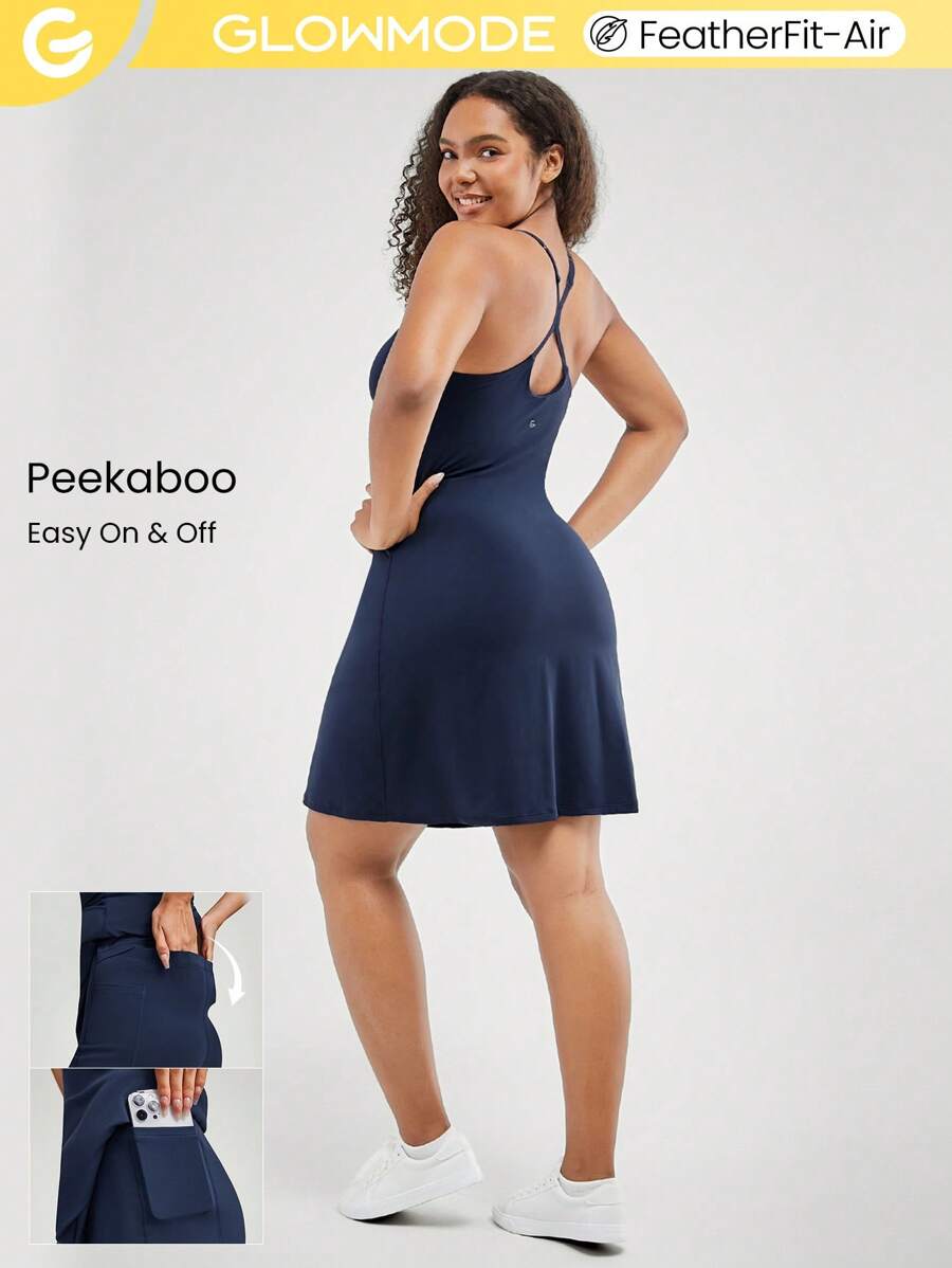 GLOWMODE FeatherFit™-Air Peekaboo Adjustable Racerback Square Neck Pocket Anti-Slip Powerful Dress With Built-In Shorts Light Support Low Impact Yoga Studio Summer Quick Dry Moisture Wicking