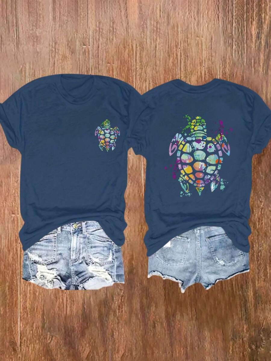 INAWLY Watercolor Ocean Turtle Print Women's Short Sleeve Casual T-Shirt With Round Neck Graphic Tees Women Tops