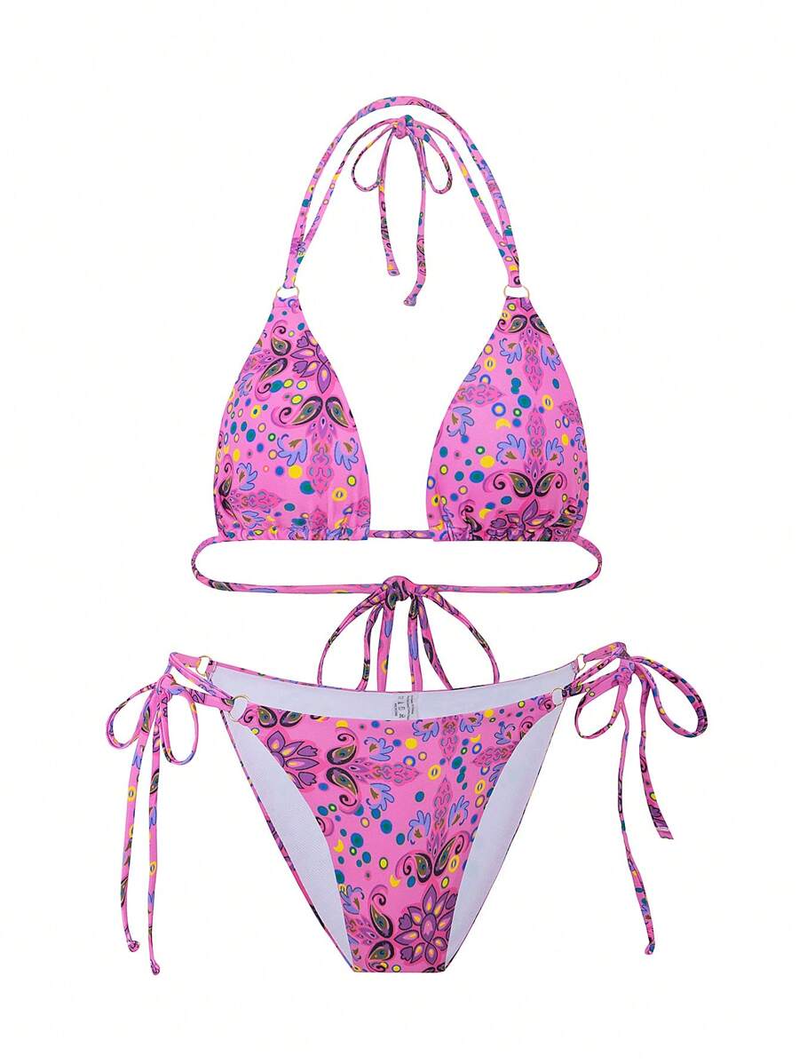 SHEIN Swim Conjunto de bikini rosa de dos piezas con estampado floral de verano, Copa triangular, impresión aleatoria