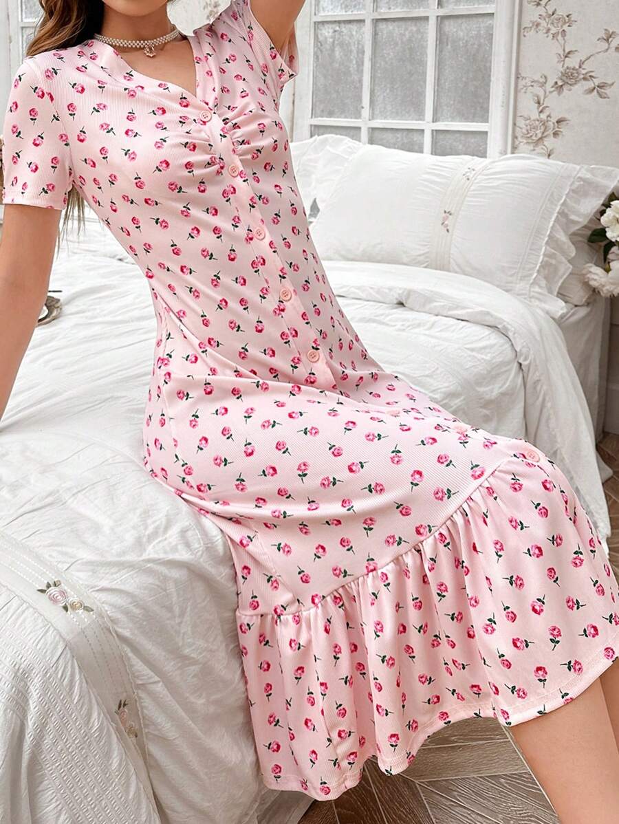 CottageSlumber Vestido de dormir de manga corta con volante en el bajo y estampado floral pequeño, vestido largo de solapa única perfecto para el verano y las vacaciones