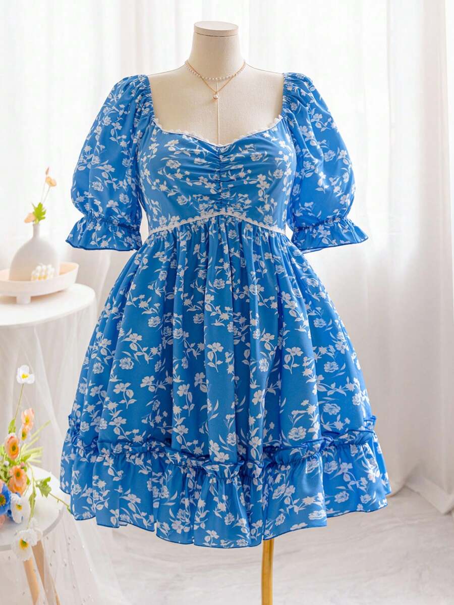 Soleia Robe d'été décontractée en grande taille pour femmes, avec col en V, manches bouffantes, empiècement en dentelle, taille marquée, jupe plissée et imprimé floral