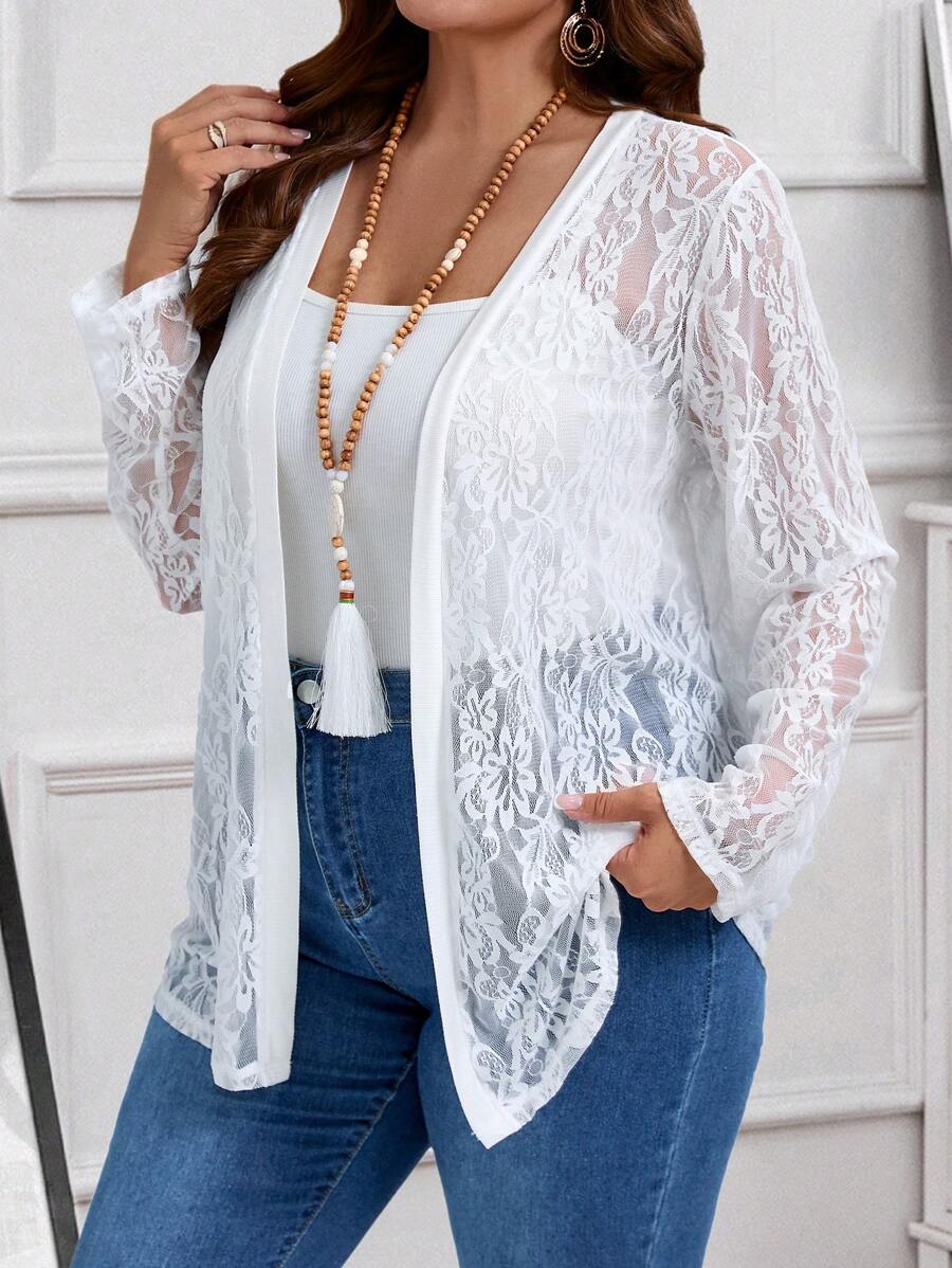 EMERY ROSE Chaqueta protectora de manga larga de encaje blanco de talla grande para el verano