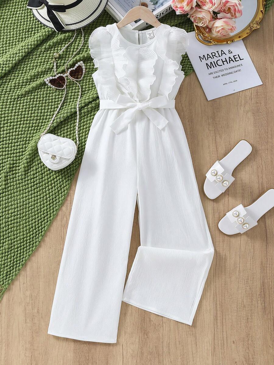 SHEIN Tween Girls White Jumpsuit With Wide Legs And Delicate Embroidery Lace For Summer Holiday Or