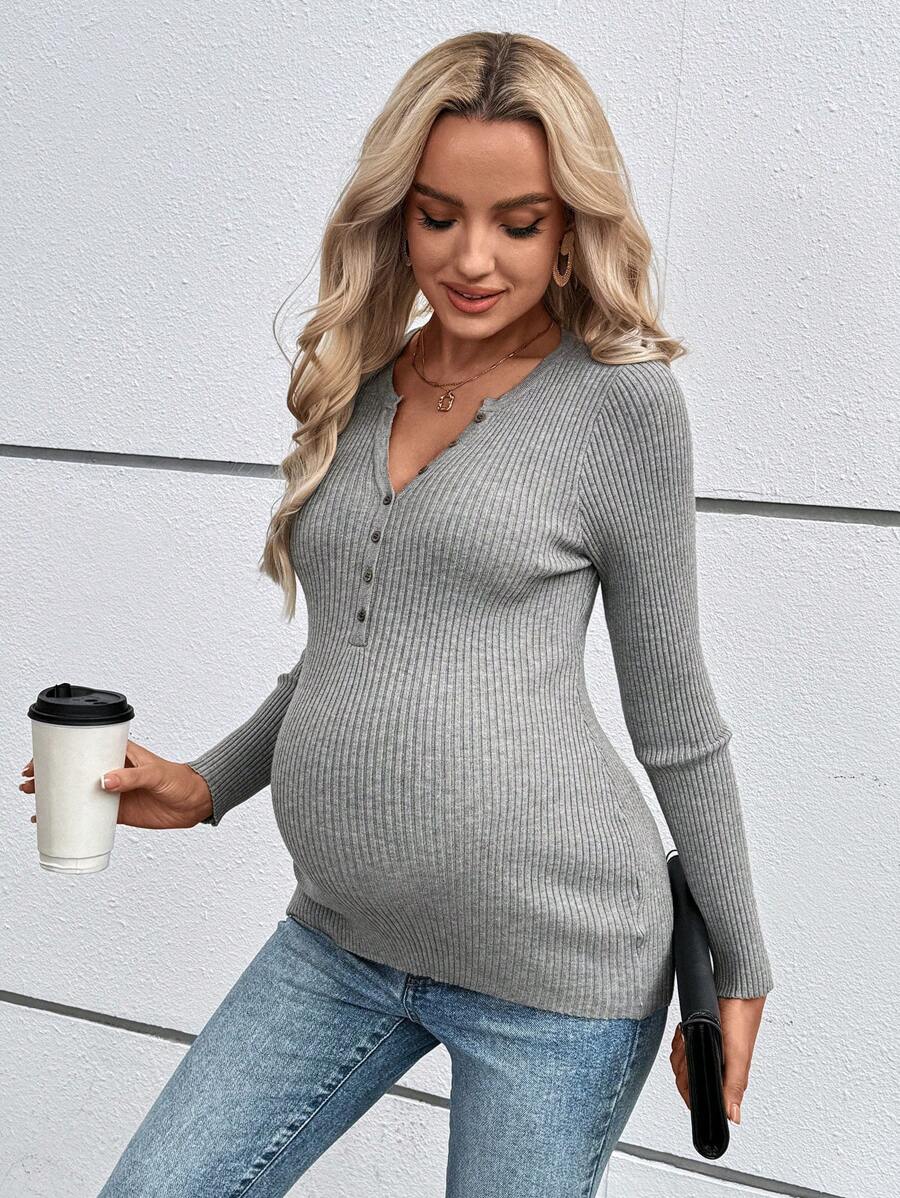 SHEIN Maternity Spring/Autumn Casual Solid Color Half-Zip Slim Fit Sweater, For Winter