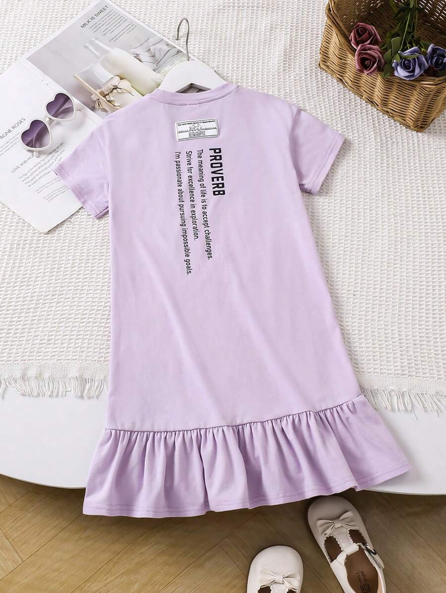 Young Girl Knitted Solid Color Letter Print Loose Casual Dress With Round Neck