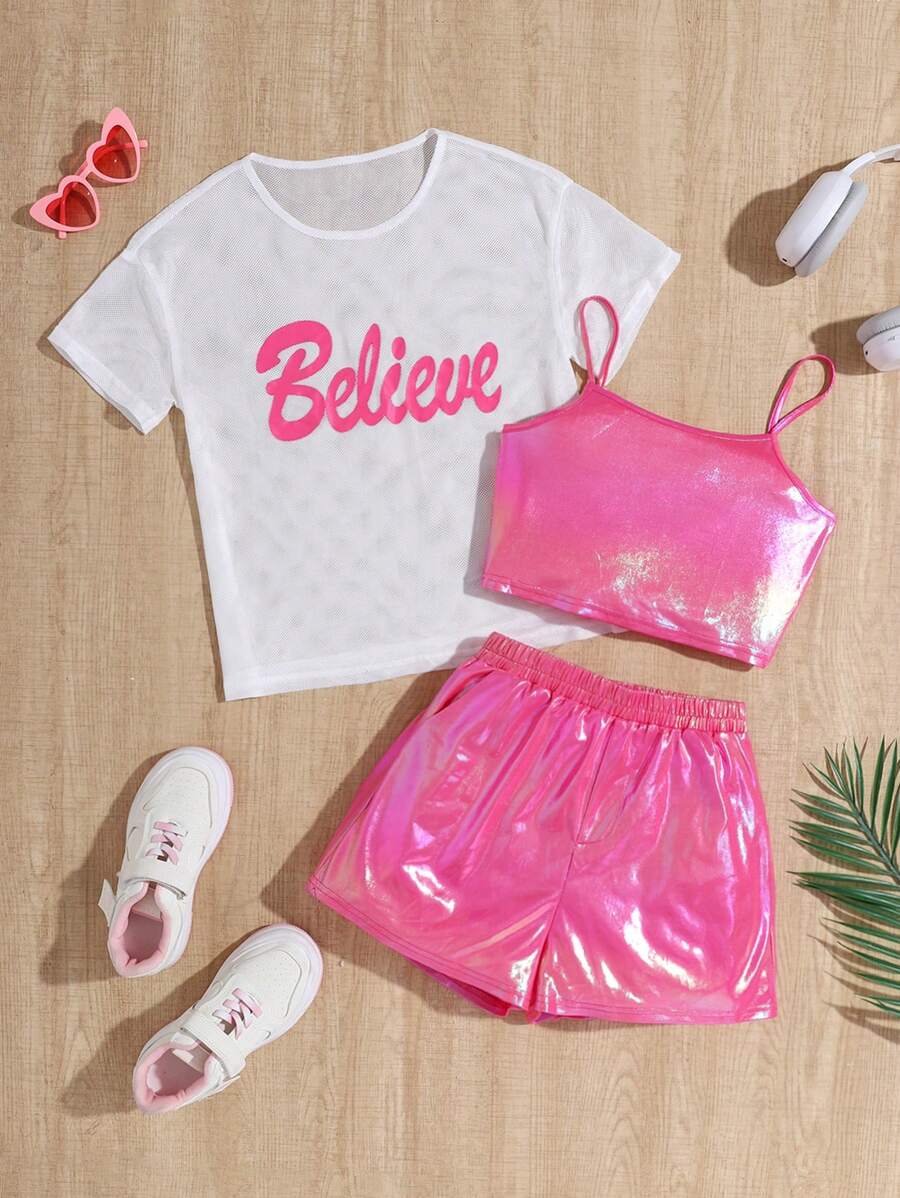 3pcs/Set Tween Girls' Daily Casual Wear - Mesh Knit Short Sleeve Top, Knit Solid Color Camisole Top, Straight Shorts