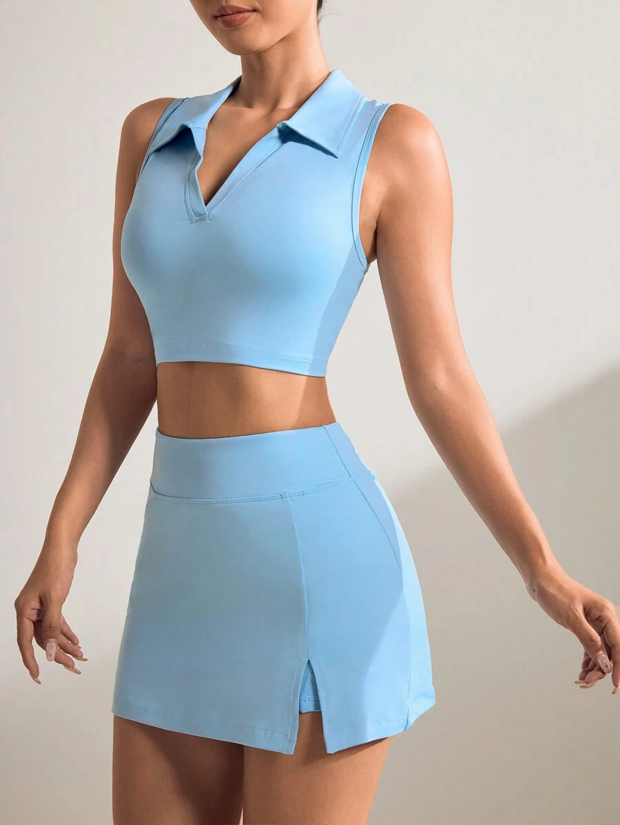 SHEIN Sport Studio Women's Simple Collared Crop Top And Split Hem Skort Sports Set Workout Women Set