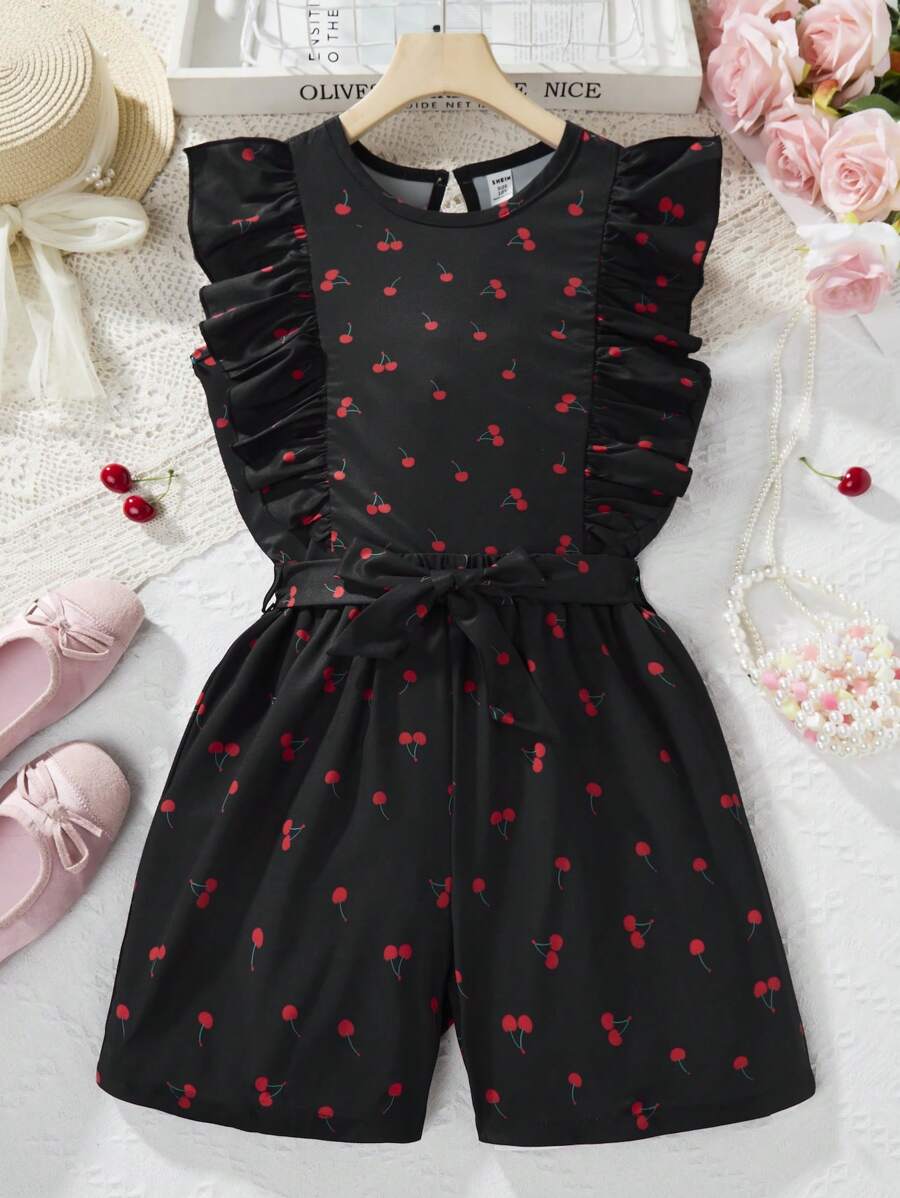 SHEIN Conjunto de top y shorts con estampado de cerezas para niñas preadolescentes