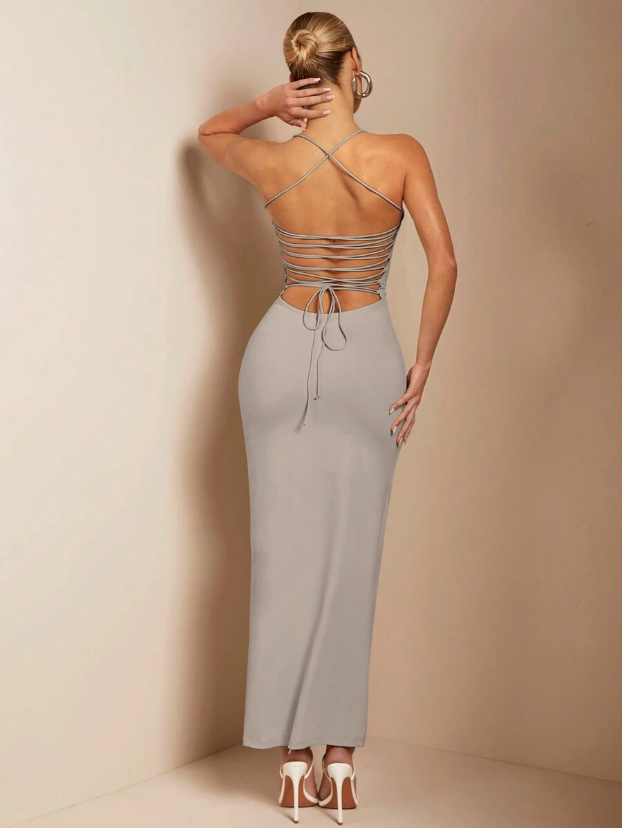 SHEIN BAE Vestido sin espalda de unicolor con detalles intrincados de tiras para mujeres