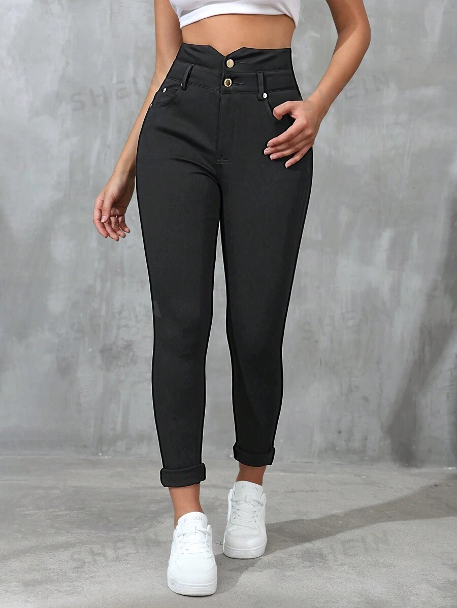 Pantalones largos, informales y de cintura alta para mujer, de unicolor y ajustados