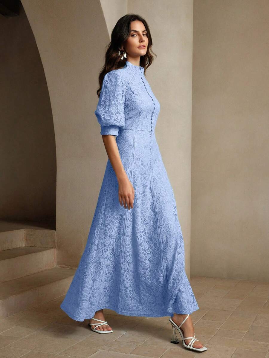 Anewsta Abito lungo casual da donna con maniche corte in pizzo, aderente, per vacanza