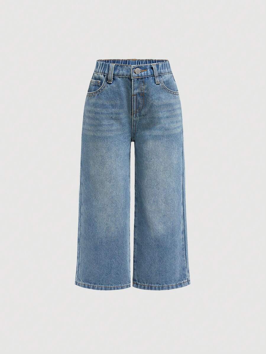 SHEIN Young Girls' Loose Wide Leg Denim Blue Jeans,Summer Boho Thin Denim Wide-Leg Pants