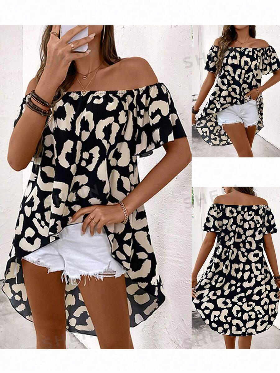 SHEIN LUNE Camisa de mujer de hombros descubiertos con estampado de leopardo, top con bajo asimétrico y alto bajo para mujer
