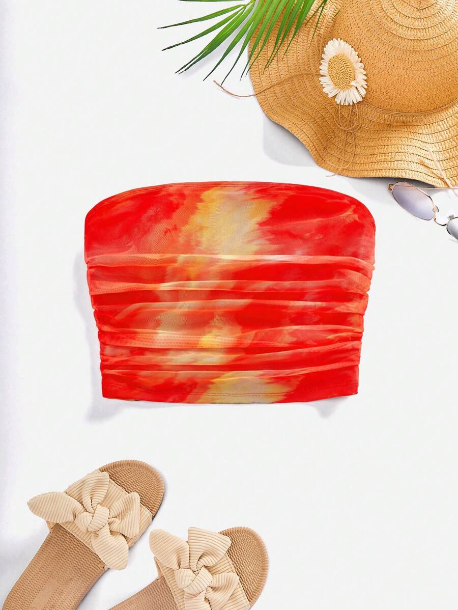 SHEIN VCAY Women's Tie-Dye Pleated Backless Fashionable Casual Top, Perfect For Vacation