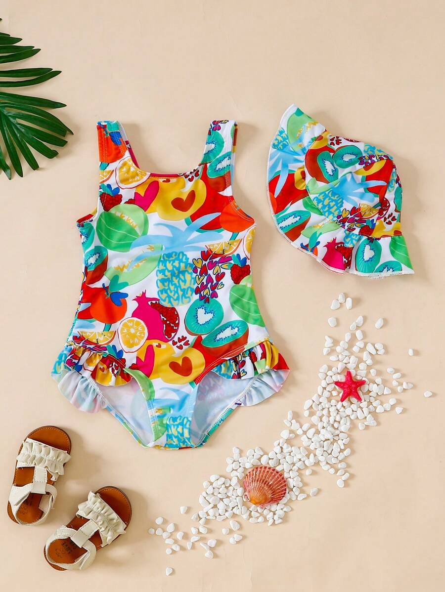 Traje de baño de una pieza sin mangas para niñas con patrón de frutas tropicales, verano