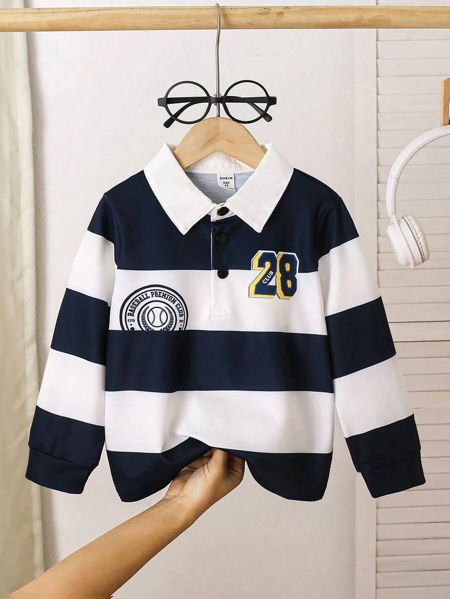 SHEIN Young Boys' Casual Sporty College Wide Striped Polo Shirt With Badge & Number Print, Blue & White, Suitable For Autumn Wear Alone, Suitable For Winter Wear With Outerwear, Suitable For Sports, Suitable For School,Holiday,Summer,Travel