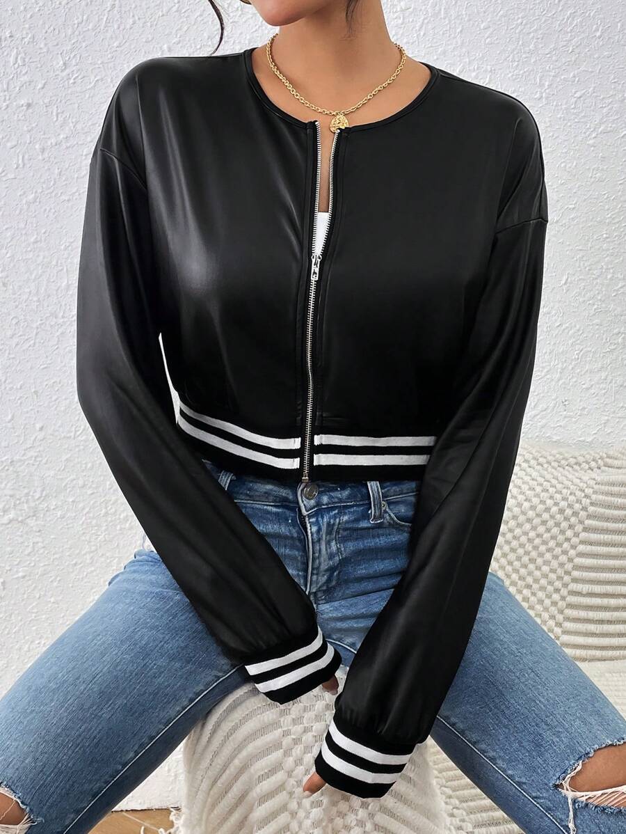 Chiquease Women's Spring & Autumn Faux PU Short Threaded Hem Zipper Casual Baseball Jacket