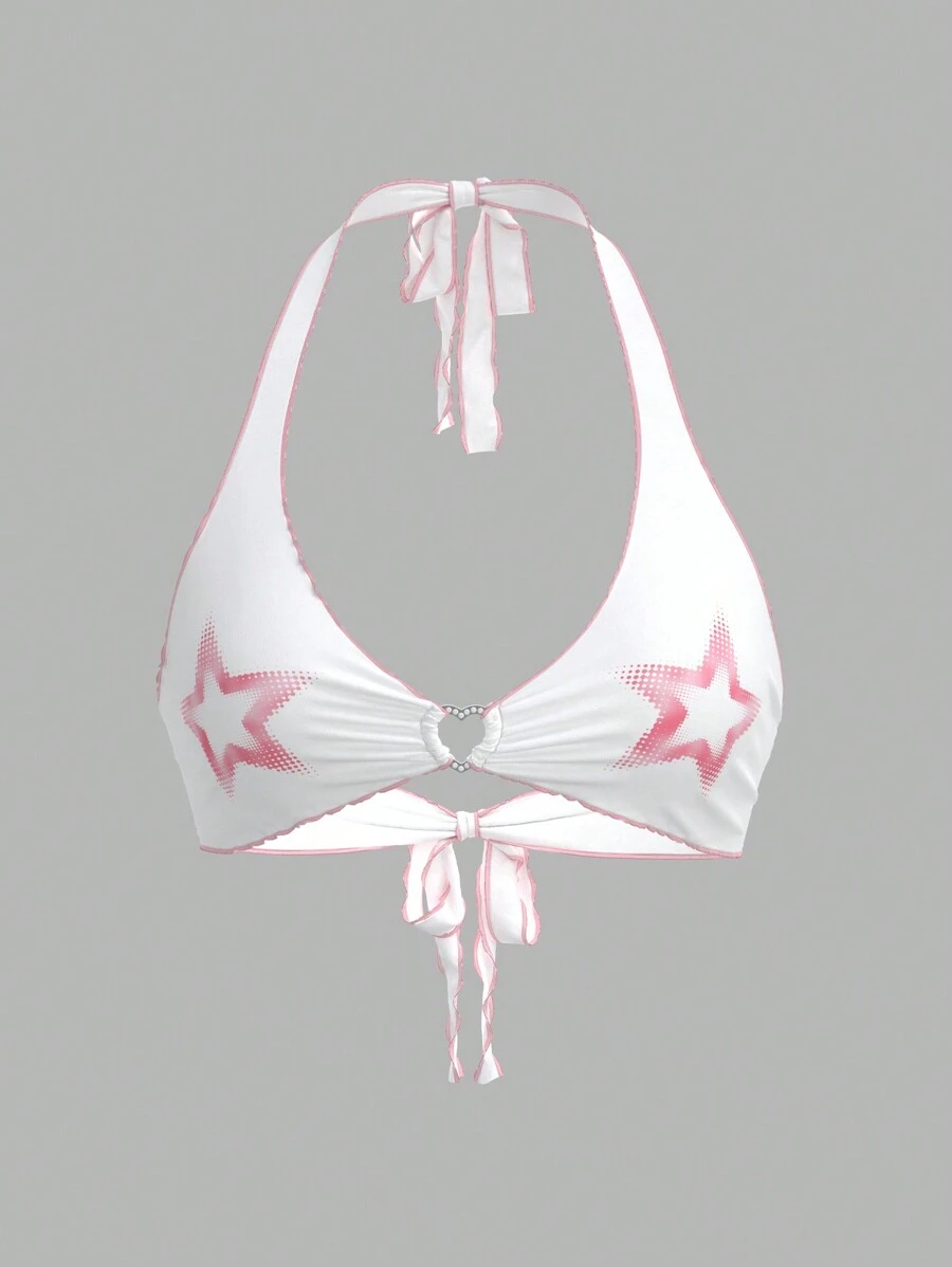 SHEIN ICON Women's Star Printed Heart Shaped Ring Detail Backless Halter Top