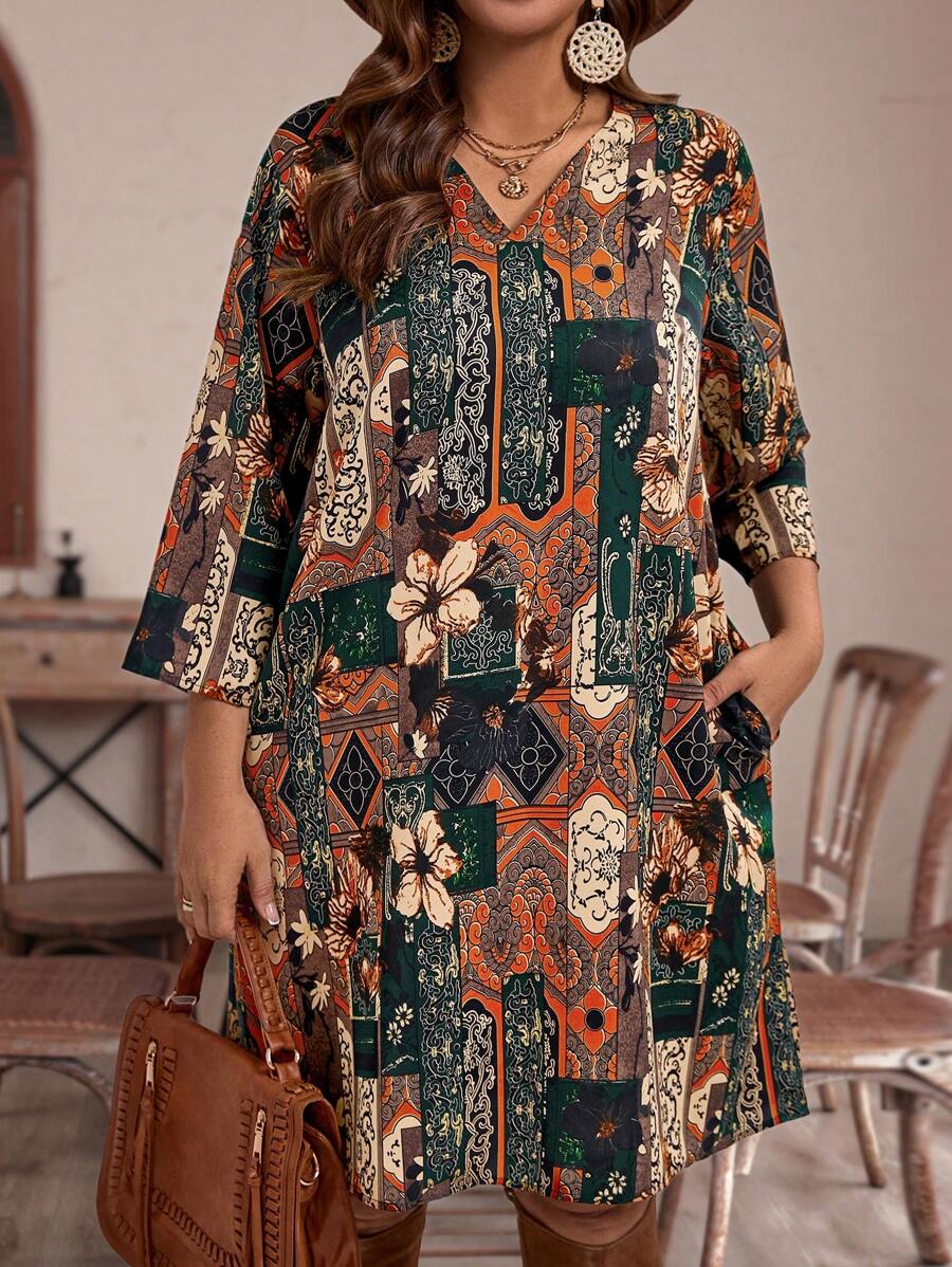 EMERY ROSE Vestido de manga media hasta la mitalla con cuello en V y estampado completo, de talla grande, informal y para vacaciones