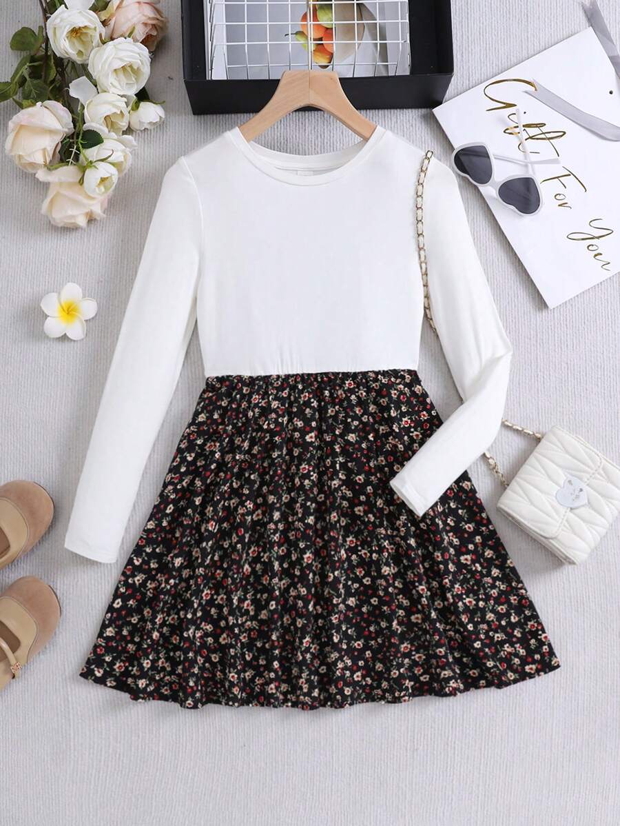 SHEIN Vestido floral casual de punto para niña preadolescente con mangas largas, cuello redondo y diseño de parche para unas vacaciones
