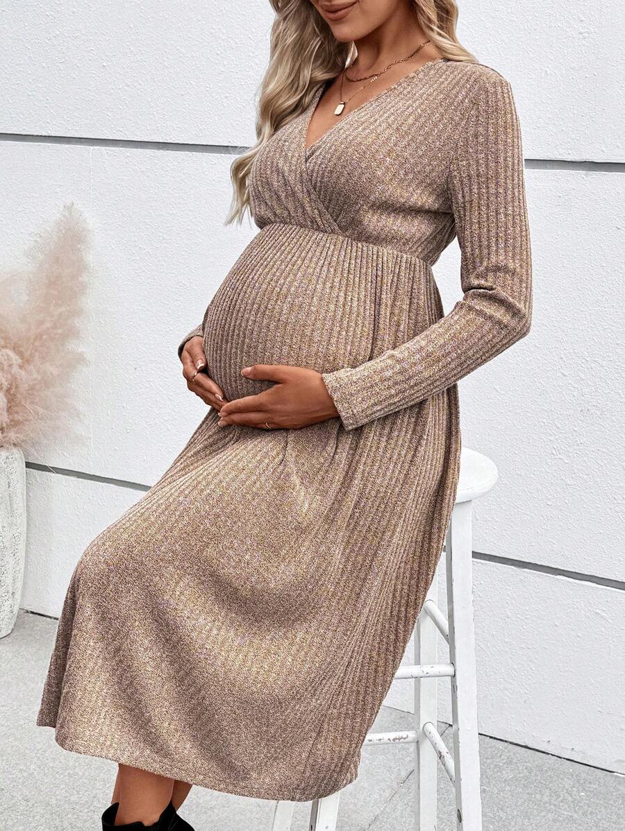 SHEIN Maternity Casual Overlapping V-Neck Long Sleeve Ribbed Casual Dress
