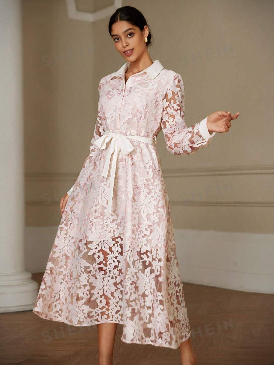 Aveloria Rosie Vestido de manga larga con cuello de parche, cintura ceñida, textura de tela floral con recortes, diseño elegante y exquisito