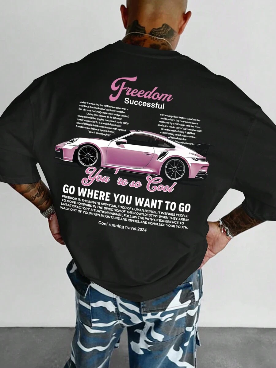 Manfinity Dauomo Camiseta casual de verano para hombre con eslogan y estampado de carros, cuello redondo y mangas caídas