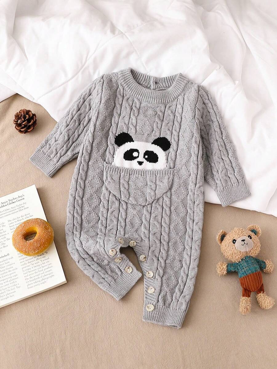 Combinaison tricotée grise pour bébé garçon avec manches longues et pantalon long, chaude, à la mode, à design de dessin animé mignon, pour automne et hiver