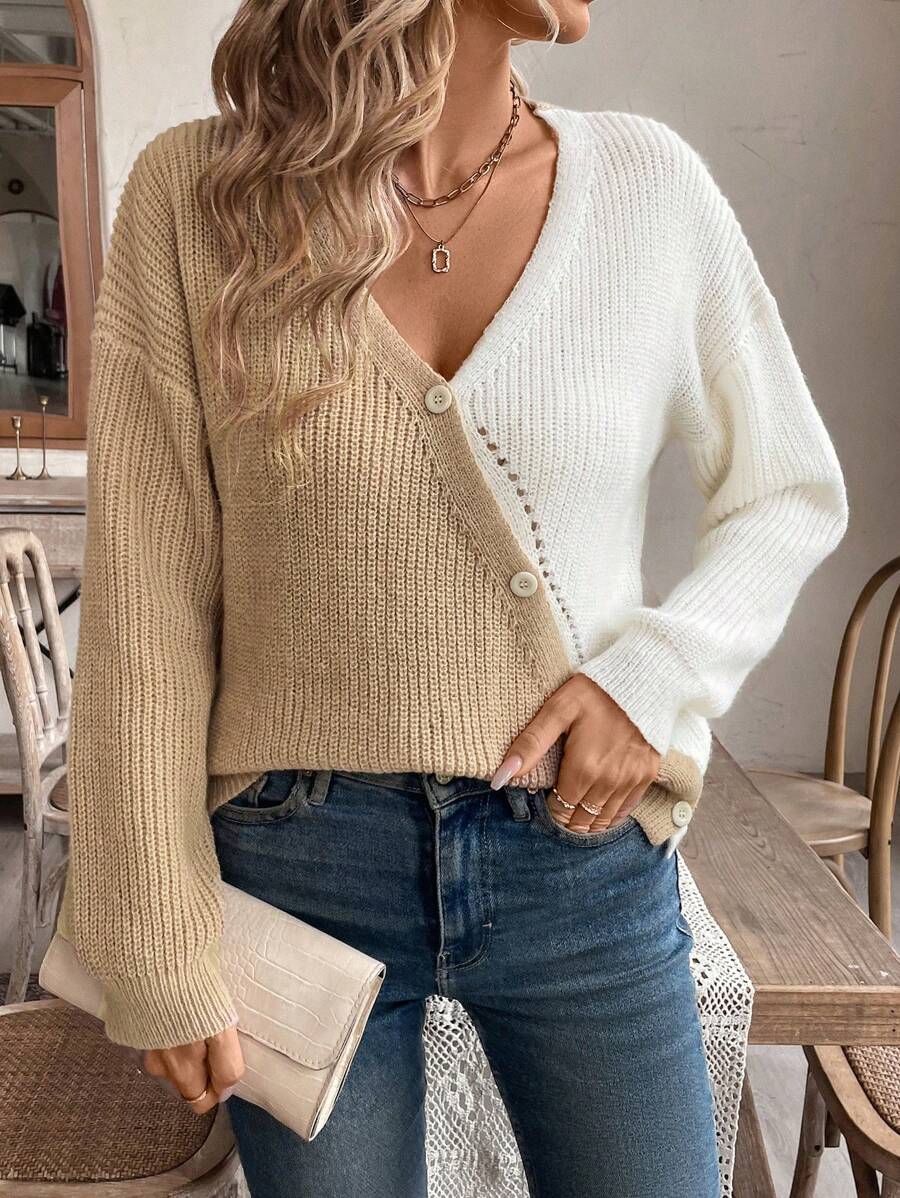 SHEIN LUNE Casual Color Block Patchwork Slant Placket Cardigan, Autumn/Winter