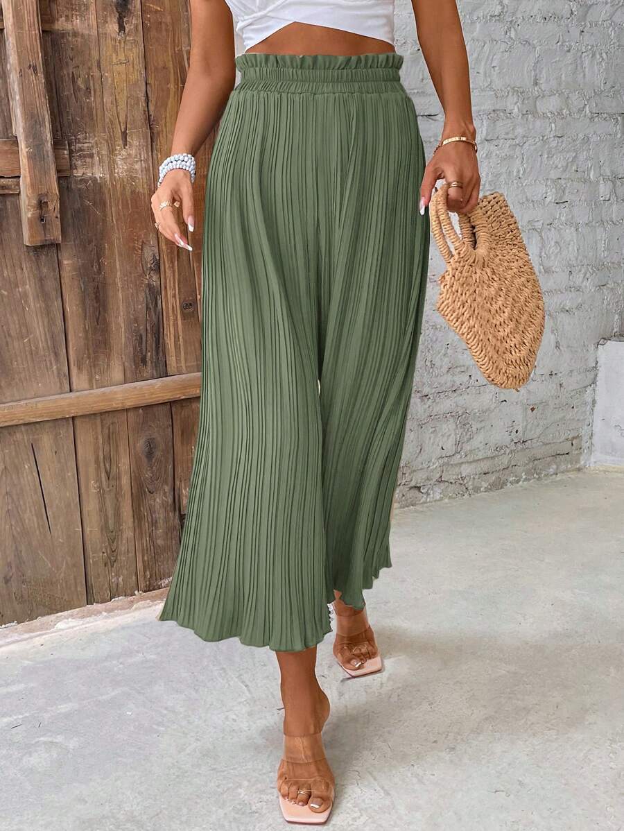 SHEIN Frenchy Pantalones casuales anchos de pierna suelta con pliegues y volantes en el bajo, unicolor, para mujer